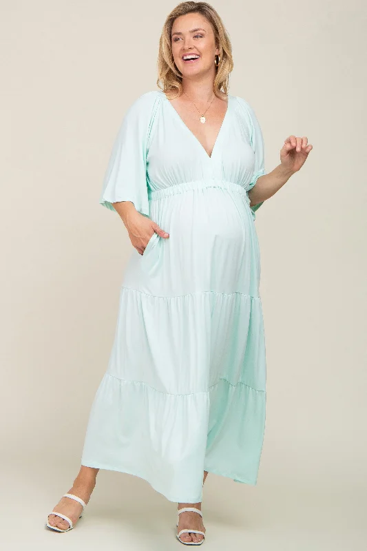 Mint Green Deep V-Neck Tiered Maternity Plus Maxi Dress Elegant Maxi Dress with Ruffles Mint Green Deep V-Neck Tiered Maternity Plus Maxi Dress Elegant Maxi Dress with Ruffles
