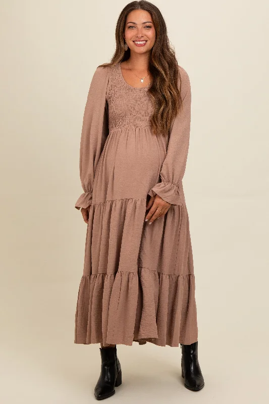 Mocha Smocked Tiered Long Sleeve Maternity Maxi Dress Elegant Maxi Dress with Drapes Mocha Smocked Tiered Long Sleeve Maternity Maxi Dress Elegant Maxi Dress with Drapes