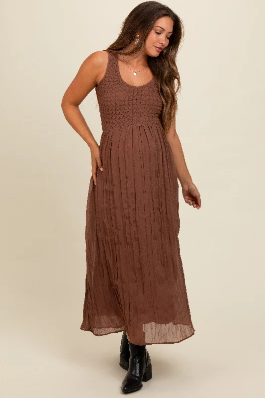 Mocha Textured Smocked Bodice Sleeveless Maternity Maxi Dress Fashionable Halter Neck Maxi Dress Mocha Textured Smocked Bodice Sleeveless Maternity Maxi Dress Fashionable Halter Neck Maxi Dress