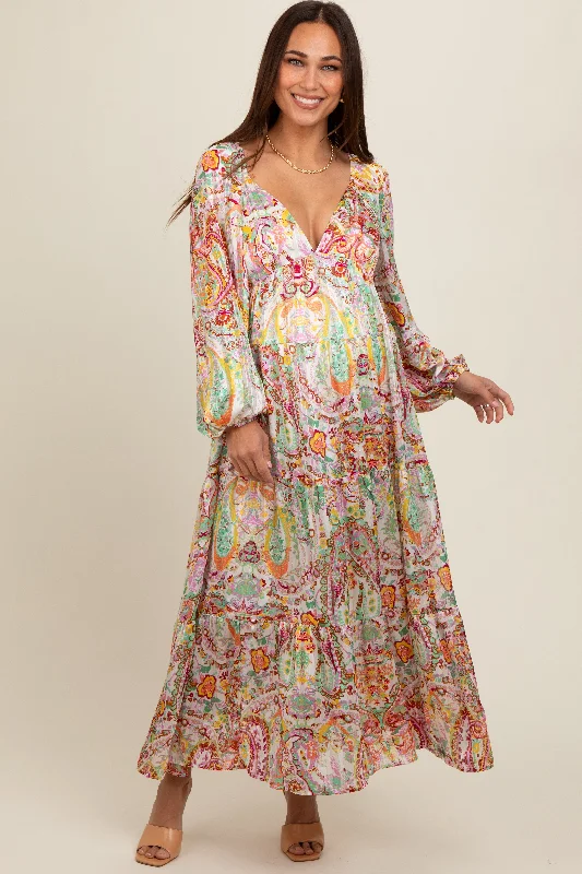 Multi-Color Floral Metallic Striped Tiered Long Puff Sleeve Maternity Maxi Dress Stylish A-Line Maxi Dress Multi-Color Floral Metallic Striped Tiered Long Puff Sleeve Maternity Maxi Dress Stylish A-Line Maxi Dress