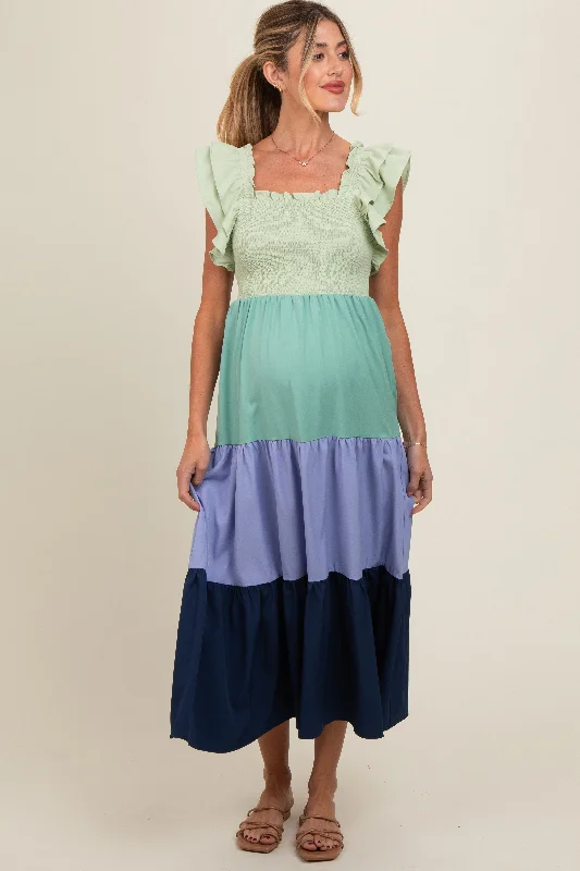 Multi-Color Smocked Tiered Flutter Sleeve Maternity Maxi Dress Elegant Maxi Dress with Ruffles Multi-Color Smocked Tiered Flutter Sleeve Maternity Maxi Dress Elegant Maxi Dress with Ruffles