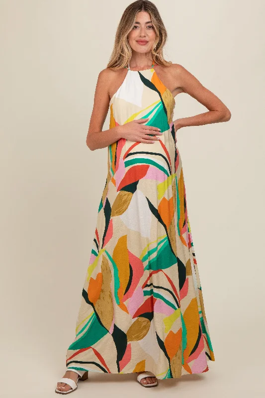 Multicolor Abstract Print Halter Maternity Maxi Dress Comfortable Plunging Neckline Maxi Dress Multicolor Abstract Print Halter Maternity Maxi Dress Comfortable Plunging Neckline Maxi Dress