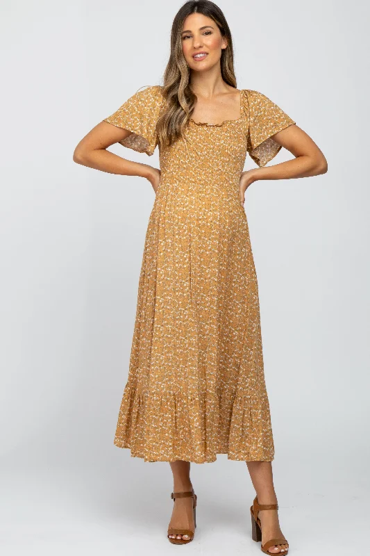 Mustard Floral Smocked Maternity Maxi Dress Stylish Pleated A-Line Maxi Dress