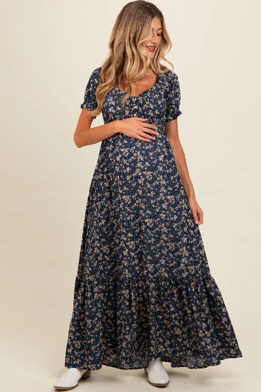 Navy Blue Floral Button Accent Maternity Maxi Dress Comfortable Fit-and-Flare Maxi Dress Navy Blue Floral Button Accent Maternity Maxi Dress Comfortable Fit-and-Flare Maxi Dress