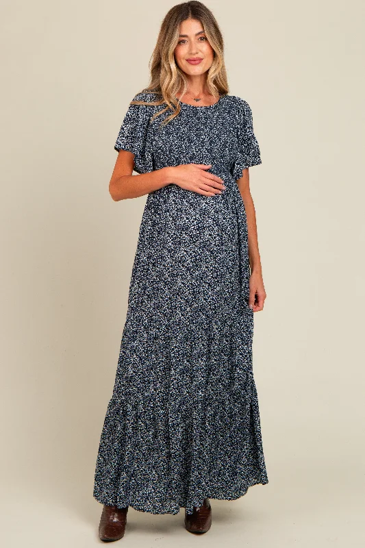 Navy Blue Floral Smocked Flutter Sleeve Maternity Maxi Dress Stylish Maxi Dress with Frills Navy Blue Floral Smocked Flutter Sleeve Maternity Maxi Dress Stylish Maxi Dress with Frills