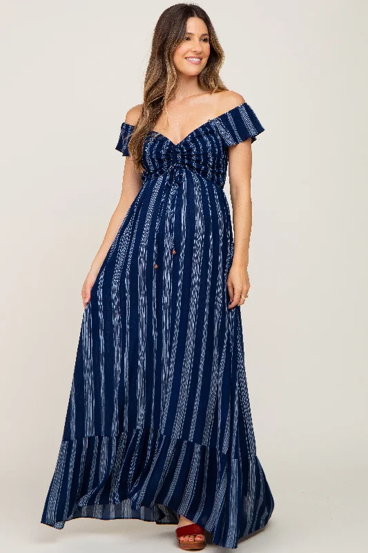 Navy Blue Striped Off Shoulder Front Tie Maternity Maxi Dress Comfortable Bohemian Maxi Dress Navy Blue Striped Off Shoulder Front Tie Maternity Maxi Dress Comfortable Bohemian Maxi Dress