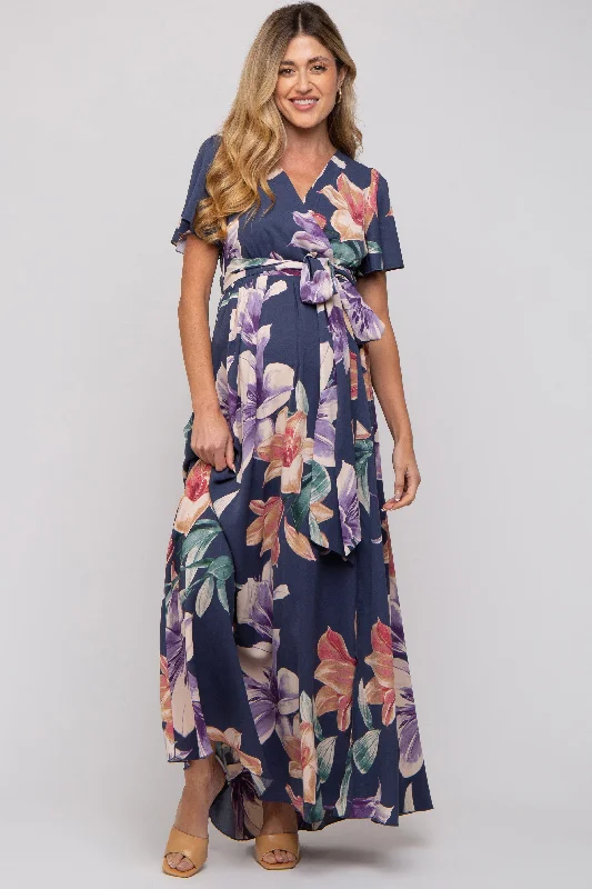 Navy Floral Wrap V-Neck Maternity Maxi Dress Comfortable Plunging Neckline Maxi Dress Navy Floral Wrap V-Neck Maternity Maxi Dress Comfortable Plunging Neckline Maxi Dress