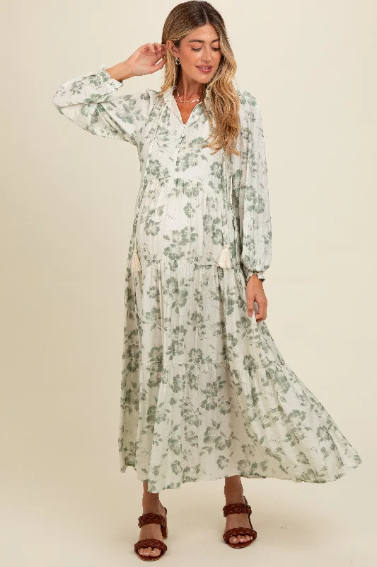 Olive Floral Button Front Tiered Long Sleeve Maternity Maxi Dress Fashionable Chiffon Maxi Dress Olive Floral Button Front Tiered Long Sleeve Maternity Maxi Dress Fashionable Chiffon Maxi Dress