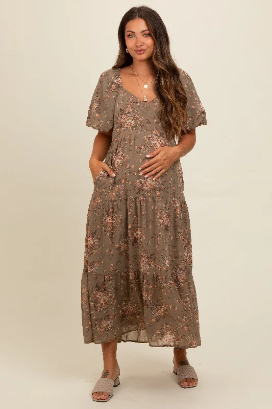 Olive Floral Tiered Puff Sleeve Maternity Maxi Dress Cozy Spaghetti Strap Maxi Dress Olive Floral Tiered Puff Sleeve Maternity Maxi Dress Cozy Spaghetti Strap Maxi Dress