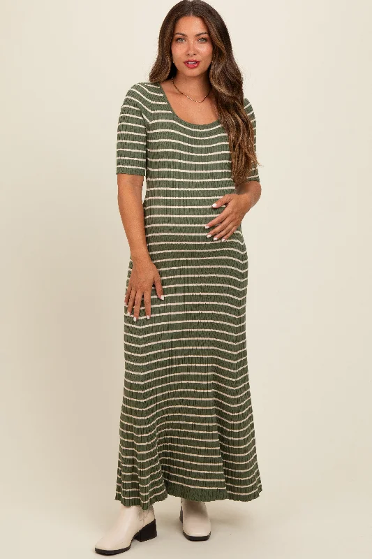 Olive Striped Ribbed Short Sleeve Maternity Maxi Dress Comfortable Plunging Neckline Maxi Dress Olive Striped Ribbed Short Sleeve Maternity Maxi Dress Comfortable Plunging Neckline Maxi Dress