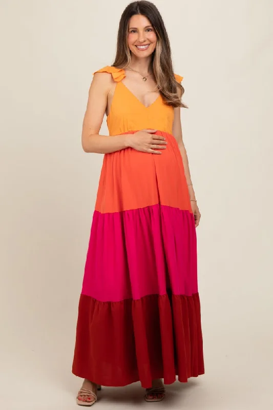 Orange Colorblock Tiered Ruffle Strap Maternity Maxi Dress Trendy Maxi Dress with Bow Orange Colorblock Tiered Ruffle Strap Maternity Maxi Dress Trendy Maxi Dress with Bow