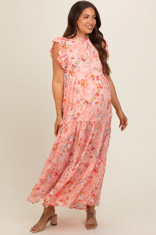 Peach Floral Chiffon Ruffle Shoulder Tiered Maternity Maxi Dress Cozy Cold-Shoulder Maxi Dress Peach Floral Chiffon Ruffle Shoulder Tiered Maternity Maxi Dress Cozy Cold-Shoulder Maxi Dress