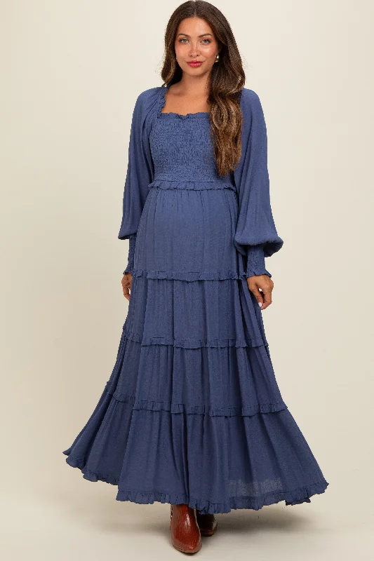 Periwinkle Smocked Long Sleeve Ruffle Tiered Maternity Maxi Dress Chic Summer Floral Maxi Dress Periwinkle Smocked Long Sleeve Ruffle Tiered Maternity Maxi Dress Chic Summer Floral Maxi Dress