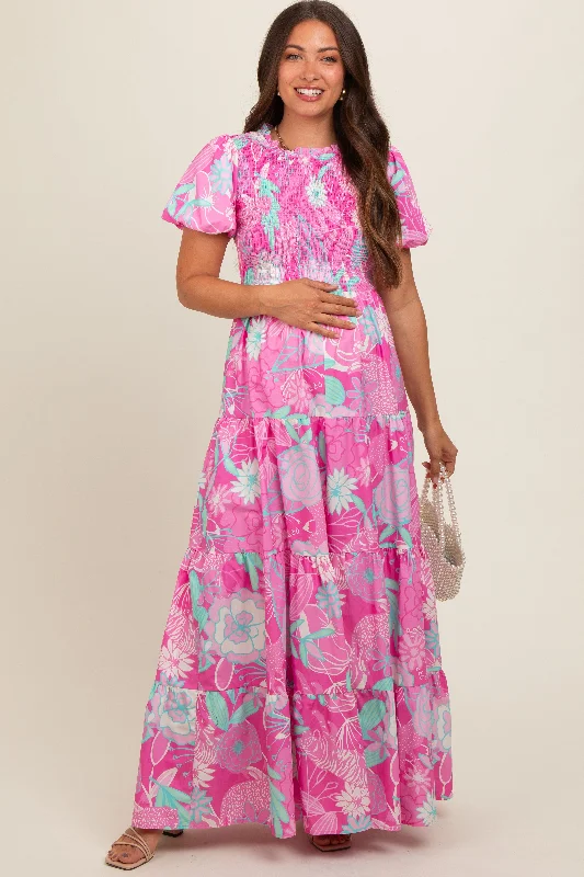 Pink Floral Smocked Short Puff Sleeve Tiered Maternity Maxi Dress Stylish Button-Up Maxi Dress Pink Floral Smocked Short Puff Sleeve Tiered Maternity Maxi Dress Stylish Button-Up Maxi Dress