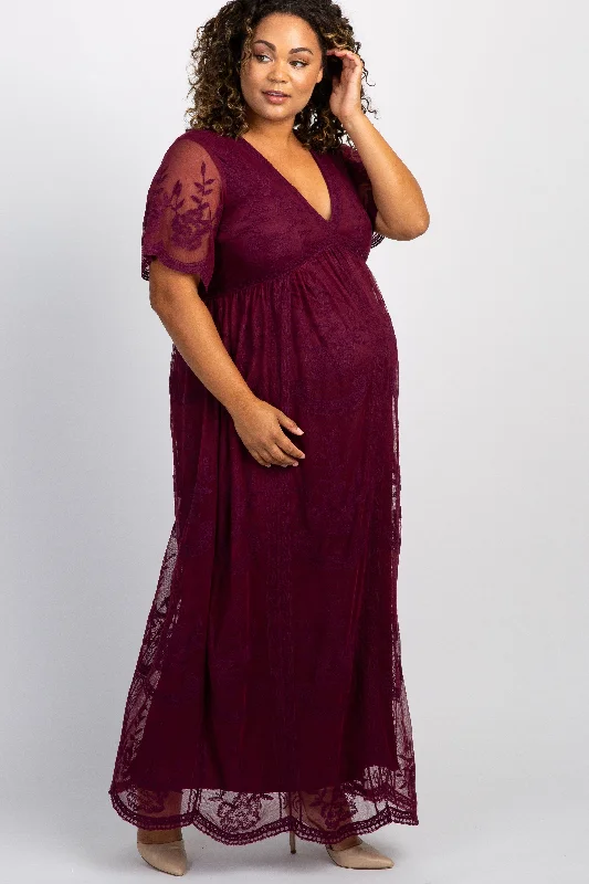 PinkBlush Burgundy Lace Mesh Overlay Plus Maternity Maxi Dress Trendy V-Neck Maxi Dress PinkBlush Burgundy Lace Mesh Overlay Plus Maternity Maxi Dress Trendy V-Neck Maxi Dress