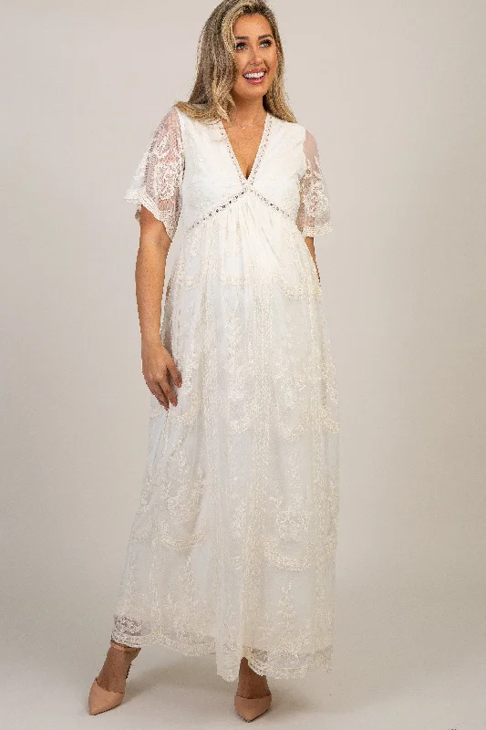 PinkBlush Cream Lace Mesh Overlay Maternity Maxi Dress Comfortable Pleated Maxi Dress PinkBlush Cream Lace Mesh Overlay Maternity Maxi Dress Comfortable Pleated Maxi Dress