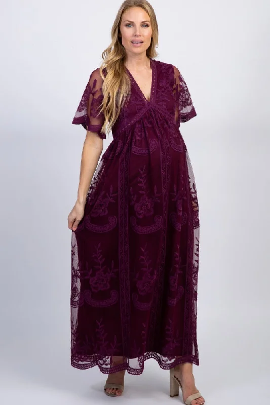 PinkBlush Deep Burgundy Lace Mesh Overlay Maternity Maxi Dress Fashionable Button-Down Maxi Dress PinkBlush Deep Burgundy Lace Mesh Overlay Maternity Maxi Dress Fashionable Button-Down Maxi Dress