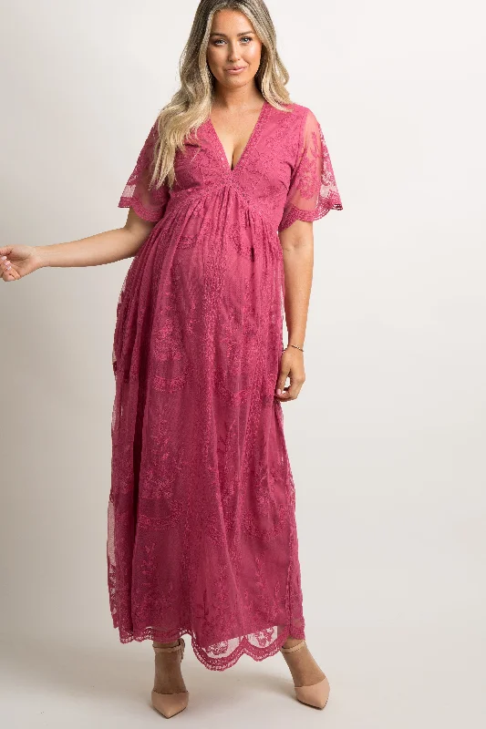 PinkBlush Magenta Lace Mesh Overlay Maternity Maxi Dress Stylish Longline Maxi Dress PinkBlush Magenta Lace Mesh Overlay Maternity Maxi Dress Stylish Longline Maxi Dress