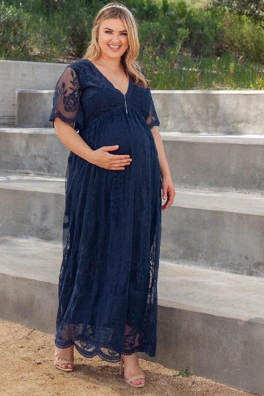PinkBlush Navy Lace Mesh Overlay Plus Maternity Maxi Dress Comfortable Casual Maxi Dress PinkBlush Navy Lace Mesh Overlay Plus Maternity Maxi Dress Comfortable Casual Maxi Dress