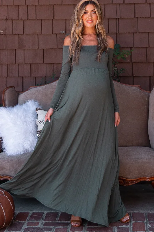 PinkBlush Petite Olive Solid Off Shoulder Maternity Maxi Dress Fashionable Printed Maxi Dress PinkBlush Petite Olive Solid Off Shoulder Maternity Maxi Dress Fashionable Printed Maxi Dress