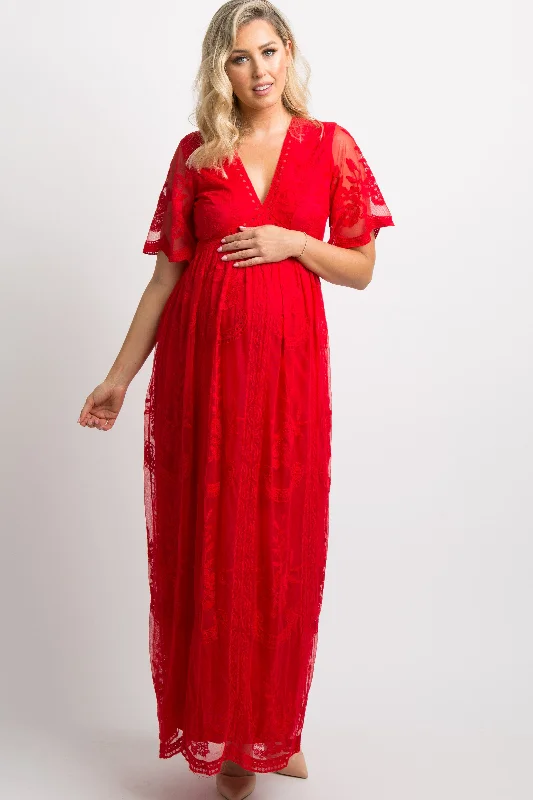 PinkBlush Red Lace Mesh Overlay Maternity Maxi Dress Comfortable Maxi Dress with Slits PinkBlush Red Lace Mesh Overlay Maternity Maxi Dress Comfortable Maxi Dress with Slits
