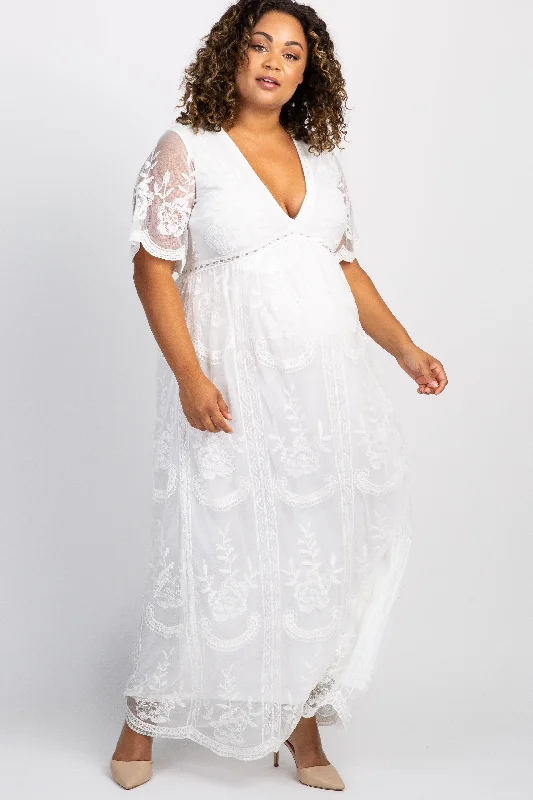 PinkBlush White Lace Mesh Overlay Plus Maternity Maxi Dress Stylish Maxi Dress with Frills PinkBlush White Lace Mesh Overlay Plus Maternity Maxi Dress Stylish Maxi Dress with Frills