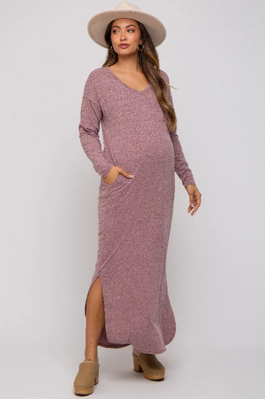 Plum Heathered Pocketed Long Sleeve Maternity Maxi Dress Fashionable Faux Wrap Maxi Dress Plum Heathered Pocketed Long Sleeve Maternity Maxi Dress Fashionable Faux Wrap Maxi Dress