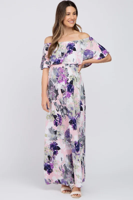 Purple Floral Ruffle Off Shoulder Maternity Maxi Dress Cozy Spaghetti Strap Maxi Dress Purple Floral Ruffle Off Shoulder Maternity Maxi Dress Cozy Spaghetti Strap Maxi Dress