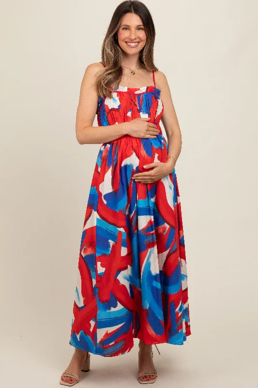 Red Pleated Binding Brushed Print Maternity Maxi Dress Comfortable Maxi Dress with Sleeves Red Pleated Binding Brushed Print Maternity Maxi Dress Comfortable Maxi Dress with Sleeves