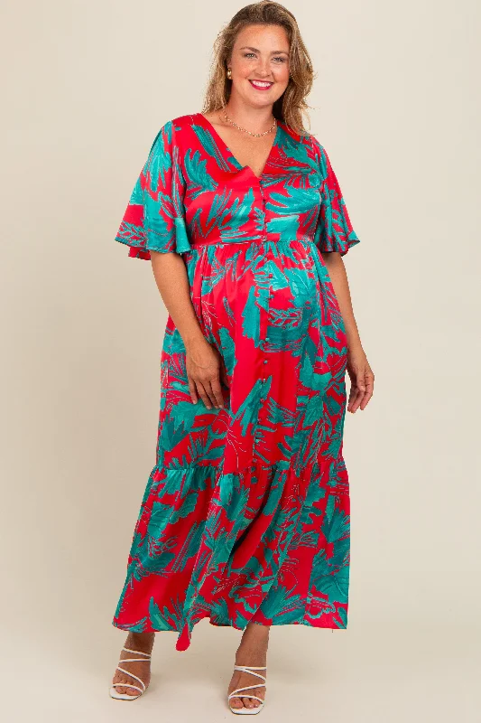 Red Satin Palm Print Button Front Maternity Plus Maxi Dress Stylish Button-Up Maxi Dress Red Satin Palm Print Button Front Maternity Plus Maxi Dress Stylish Button-Up Maxi Dress