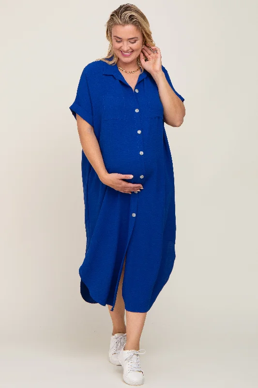 Royal Blue Button Down Hi Low Maternity Plus Maxi Dress Elegant Maxi Dress with Slit Royal Blue Button Down Hi Low Maternity Plus Maxi Dress Elegant Maxi Dress with Slit