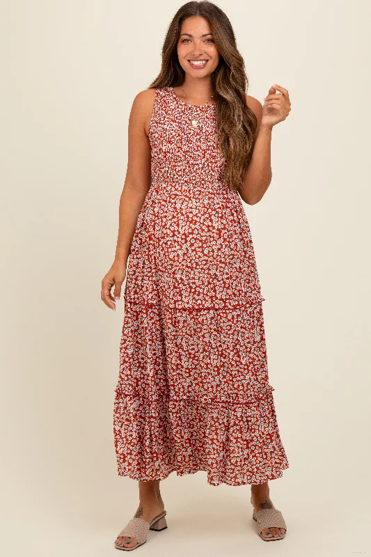 Rust Floral Sleeveless Ruffle Tiered Maternity Maxi Dress Comfortable Cotton Maxi Dress Rust Floral Sleeveless Ruffle Tiered Maternity Maxi Dress Comfortable Cotton Maxi Dress