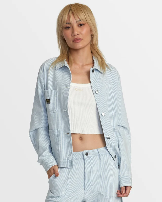 RVCA Dayshift Chore Jacket - BLUE HICKORY Chenille Fabric Brocade Fabric Lace Fabric RVCA Dayshift Chore Jacket - BLUE HICKORY Chenille Fabric Brocade Fabric Lace Fabric