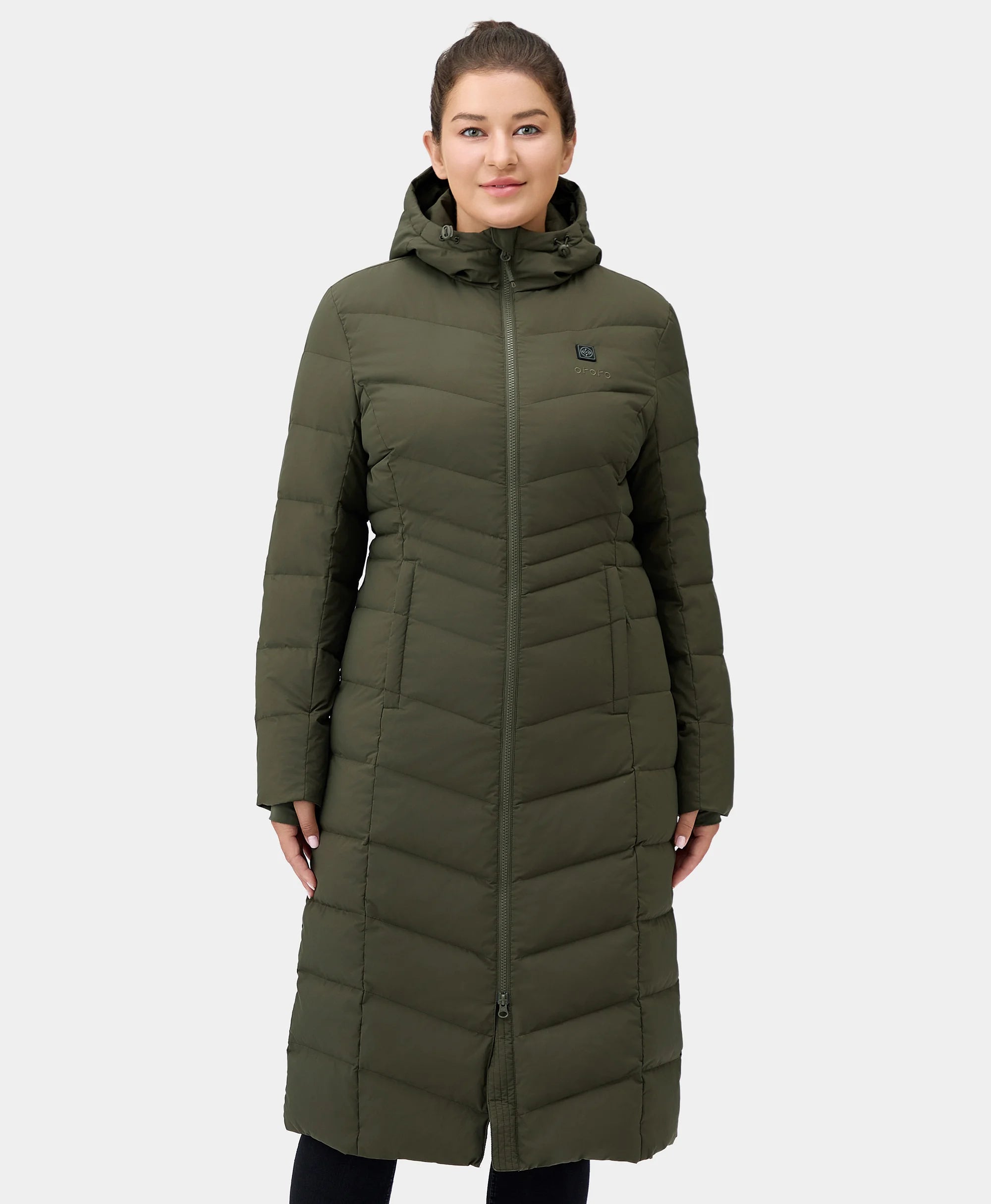 SOHO Women's Heated Down Parka Jacket - Green Front Pockets Side Pockets Patch Pockets SOHO Women's Heated Down Parka Jacket - Green Front Pockets Side Pockets Patch Pockets
