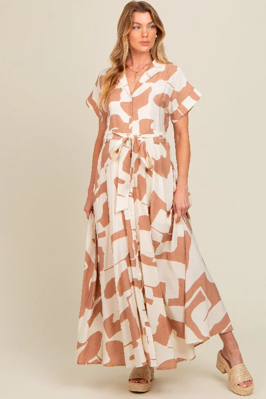 Taupe Printed Sash Tie Button Down Maternity Maxi Dress Comfortable Maxi Dress with Sleeves Taupe Printed Sash Tie Button Down Maternity Maxi Dress Comfortable Maxi Dress with Sleeves