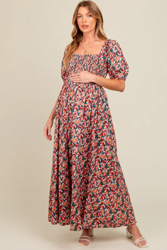 Teal Multi-Color Leaf Print Smocked Maternity Maxi Dress Cozy Cold-Shoulder Maxi Dress Teal Multi-Color Leaf Print Smocked Maternity Maxi Dress Cozy Cold-Shoulder Maxi Dress