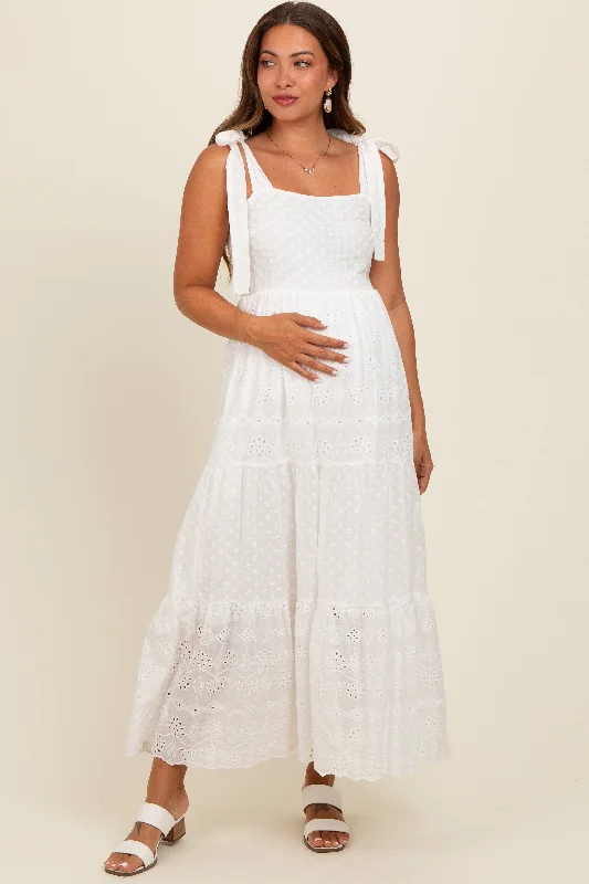 White Embroidered Eyelet Lace Maternity Maxi Dress Stylish Pleated A-Line Maxi Dress White Embroidered Eyelet Lace Maternity Maxi Dress Stylish Pleated A-Line Maxi Dress