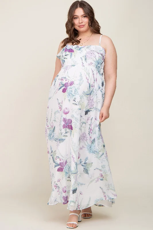 White Floral Sleeveless Ruffle Plus Maternity Maxi Dress Cozy Longline Maxi Dress