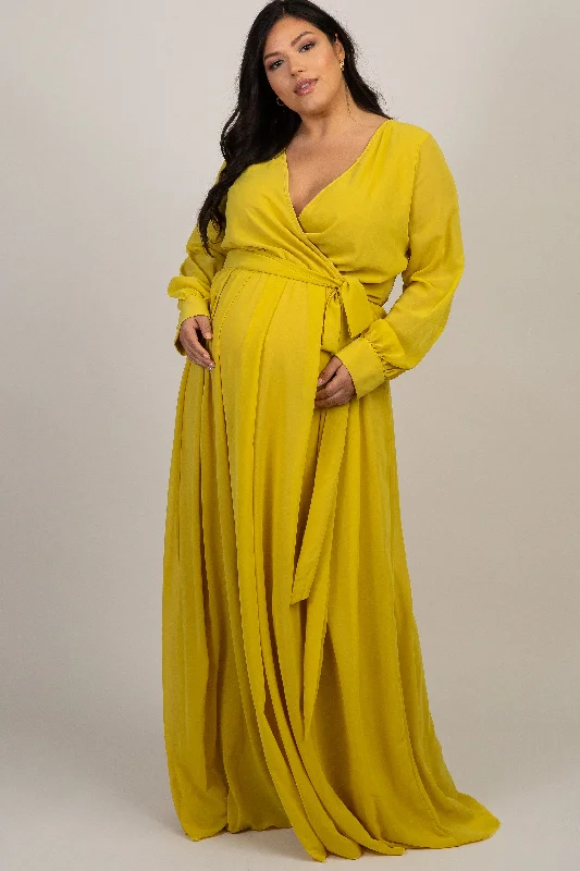 Yellow Chiffon Long Sleeve Plus Maternity Maxi Dress Fashionable High-Low Maxi Dress Yellow Chiffon Long Sleeve Plus Maternity Maxi Dress Fashionable High-Low Maxi Dress