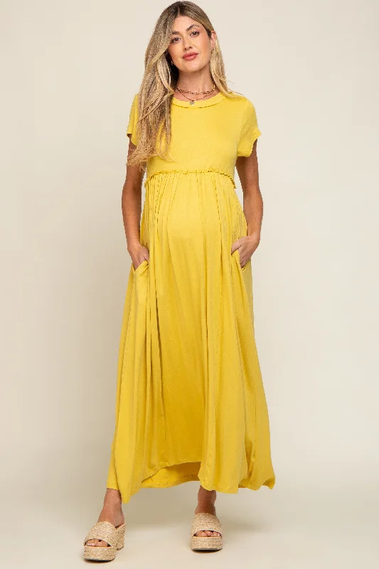 Yellow Short Sleeve Pocketed Maternity Maxi Dress Fashionable Halter Neck Maxi Dress Yellow Short Sleeve Pocketed Maternity Maxi Dress Fashionable Halter Neck Maxi Dress