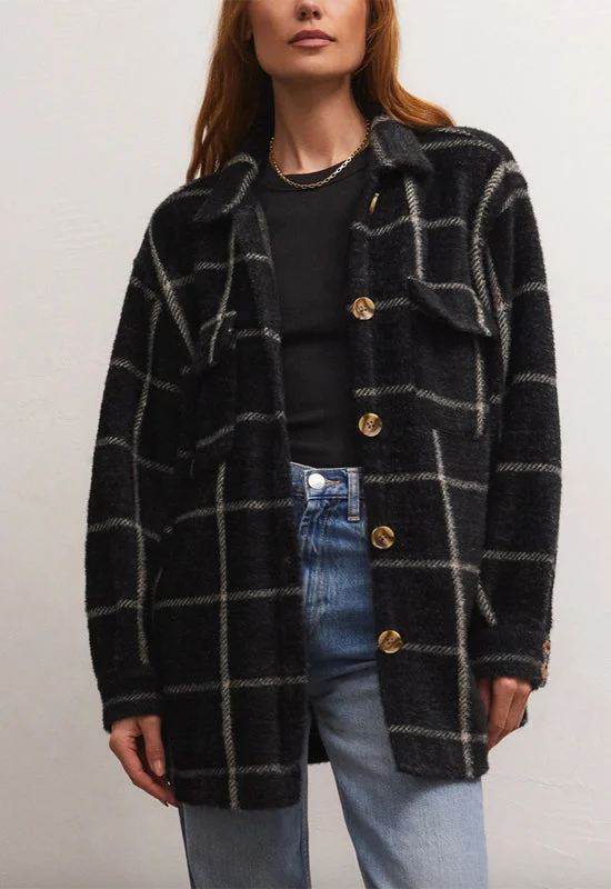 Z-Supply Plaid Tucker Shirt Jacket - WASHED BLACK A-Line Jacket Boat Neck Shawl Collar Z-Supply Plaid Tucker Shirt Jacket - WASHED BLACK A-Line Jacket Boat Neck Shawl Collar