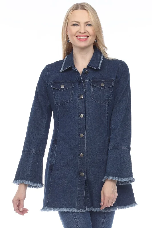"Kelly" Dark Wash Long Denim Jacket Satin Jacket Silk Jacket Chiffon Jacket
