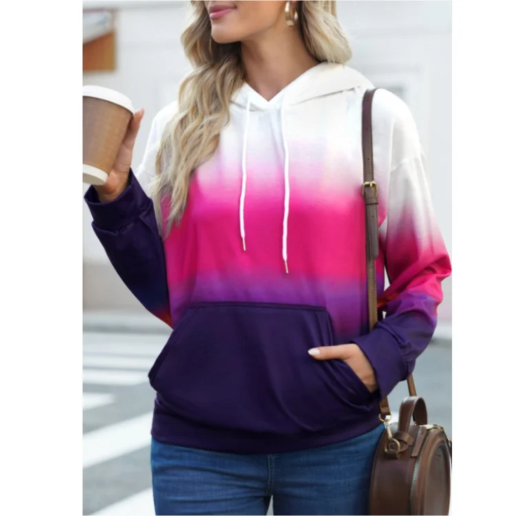 2 Pieces Women'S Autumn/Winter Gradient Print Kangaroo Pocket Hoodie Sweatshirt Hoodie Sweatshirt Pullover