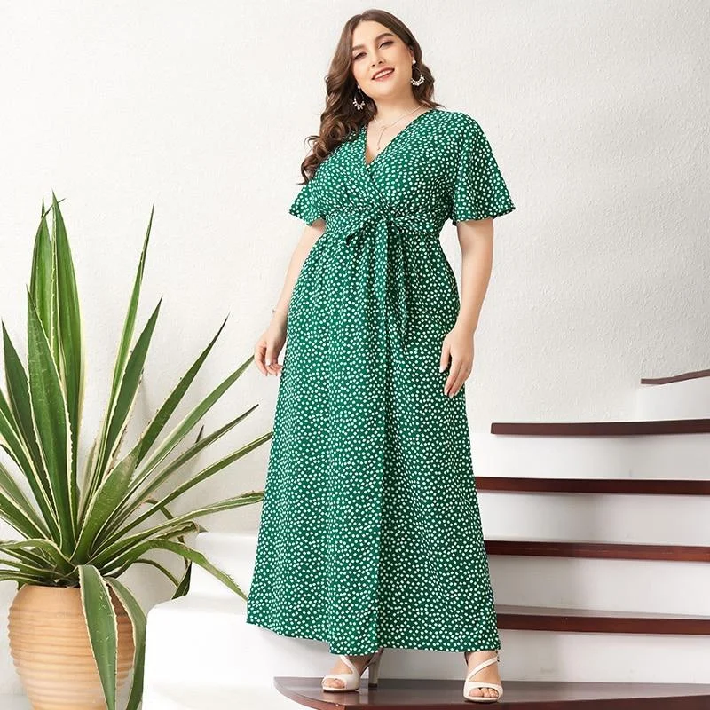 FashionSierra - Summer Maxi Dress Women Green Floral Sashes Front Belted Split Flared Short Sleeve V-neck Boho Holiday Robes Comfortable Maxi Dress with Slits