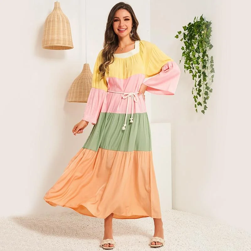 FashionSierra - Summer Women Dress Multicolor Stitching Flared Long Sleeves Sashes Belted Bohemian Holiday Casual Elegant Maxi Dresses Chic Off-Shoulder Maxi Dress