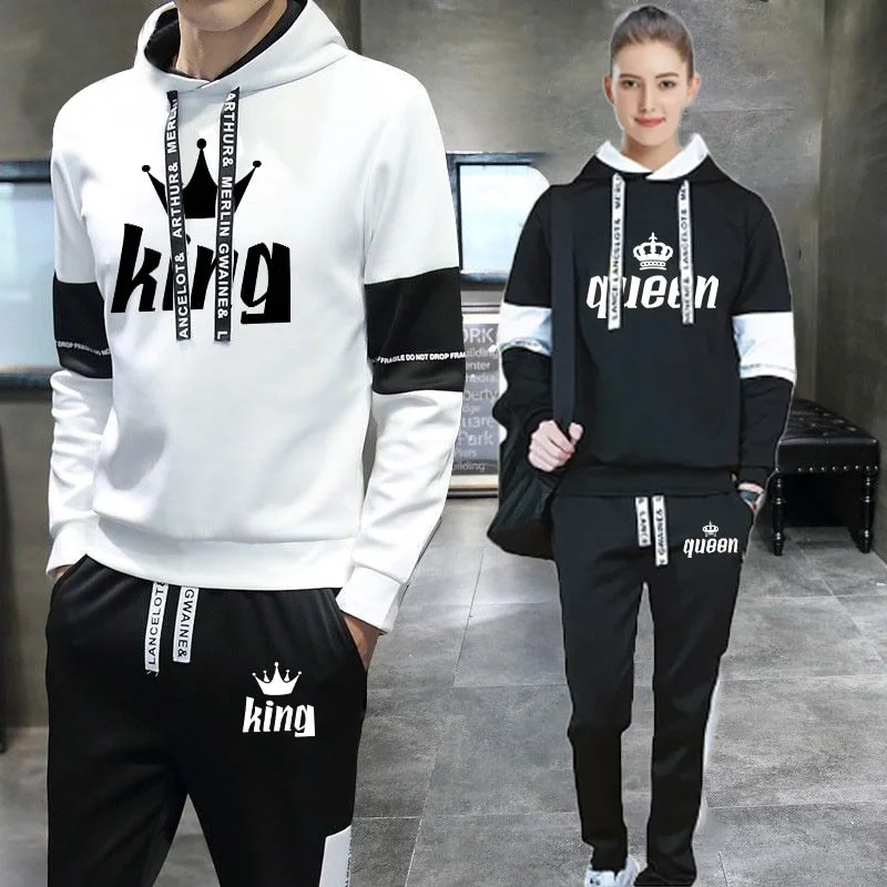 2023 Couples Hooded Tracksuit King or Queen Print Lovers Hoodies Sets Sweatshirt +Jogging Sweapants 2PCS Suits Matching Clothing Hoodie with Double Zipper Versatile Adjustable