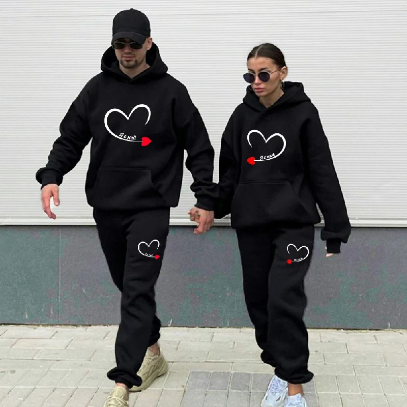 2023 Couples Tracksuit Love Heart Print Lover Hoodie and Pants 2 PCS Clothes Men Women Sweatshirts and Trousers Fleece Suits Hoodie with Slit Hem Functional Movement