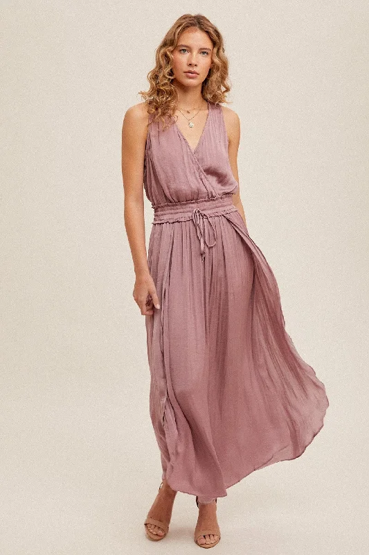 Surplice Neck Satin Maxi Dress by Mystree (Ships in 2-3 Weeks) Elegant Maxi Dress with Pockets