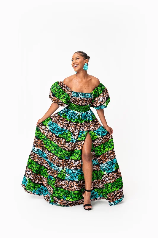 ADA Smocked Puffy Sleeve African print maxi dress Classic Strapless Maxi Dress