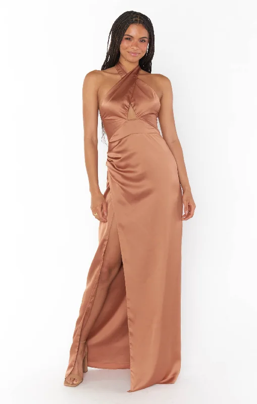 Adele Halter Maxi Dress ~ Copper Luxe Satin Fashionable Faux Wrap Maxi Dress